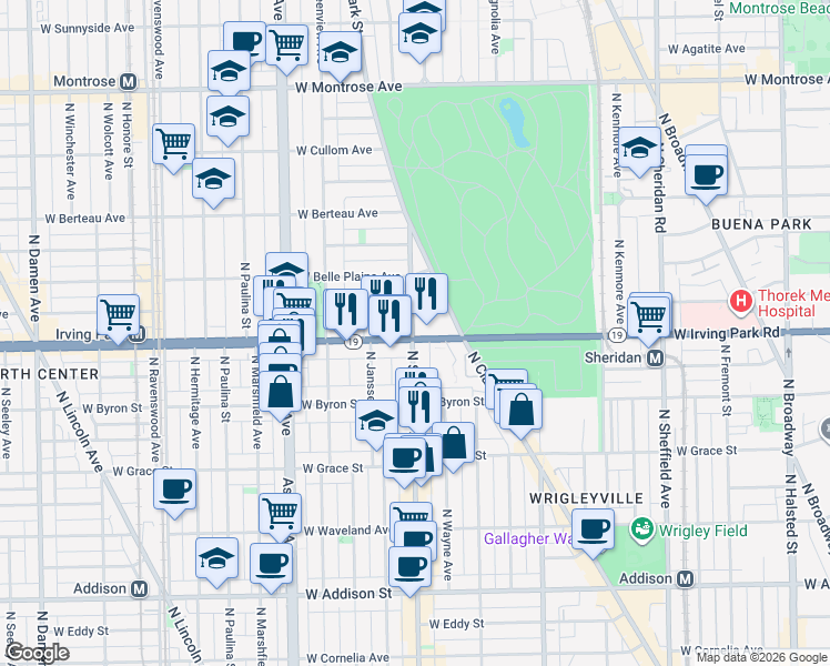 map of restaurants, bars, coffee shops, grocery stores, and more near 1401 West Cuyler Avenue in Chicago