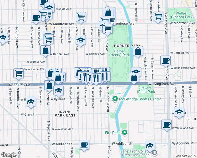 map of restaurants, bars, coffee shops, grocery stores, and more near 4031 North Francisco Avenue in Chicago