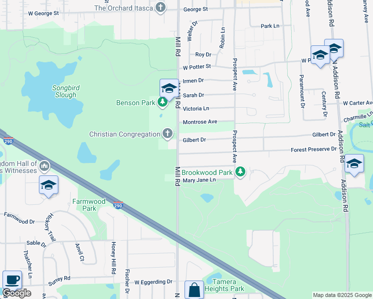 map of restaurants, bars, coffee shops, grocery stores, and more near 612 Gilbert Drive in Wood Dale