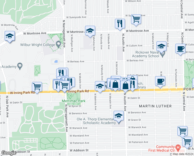 map of restaurants, bars, coffee shops, grocery stores, and more near 4053 N Melvina Ave in Chicago