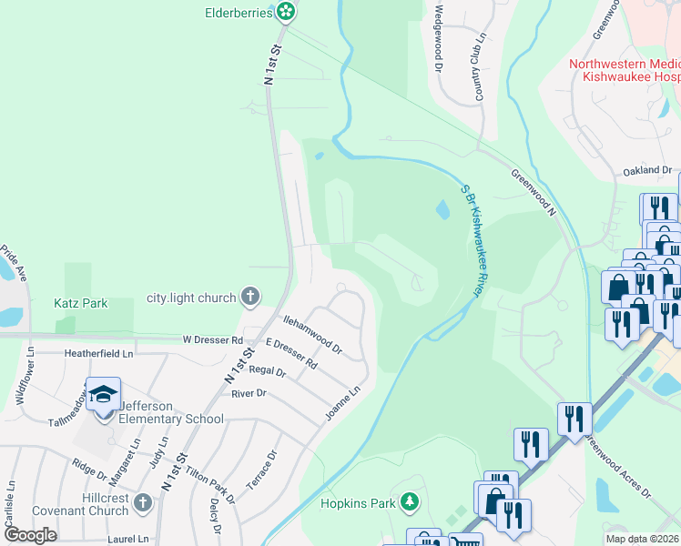 map of restaurants, bars, coffee shops, grocery stores, and more near 126 Buena Vista Drive in DeKalb