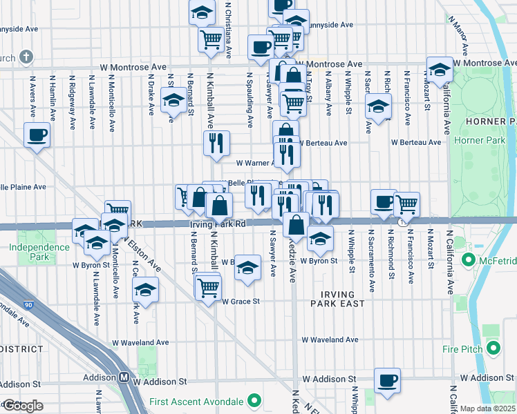 map of restaurants, bars, coffee shops, grocery stores, and more near 4034 North Sawyer Avenue in Chicago