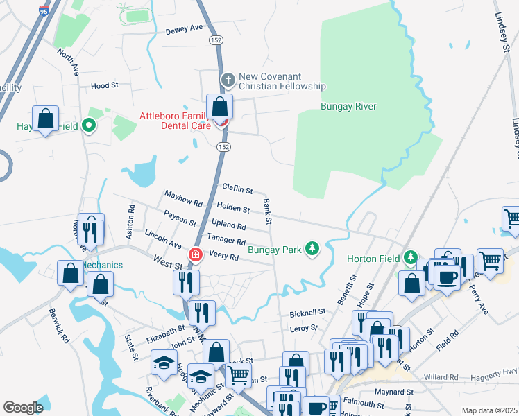 map of restaurants, bars, coffee shops, grocery stores, and more near 27 Claflin Street in Attleboro