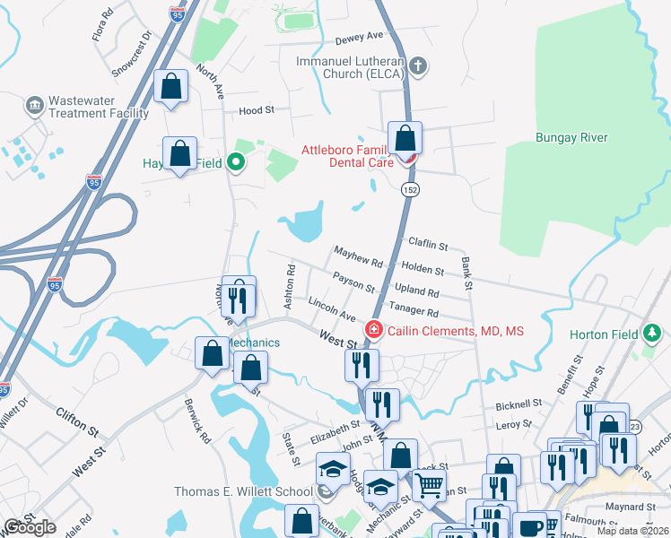 map of restaurants, bars, coffee shops, grocery stores, and more near 53 Payson Street in Attleboro
