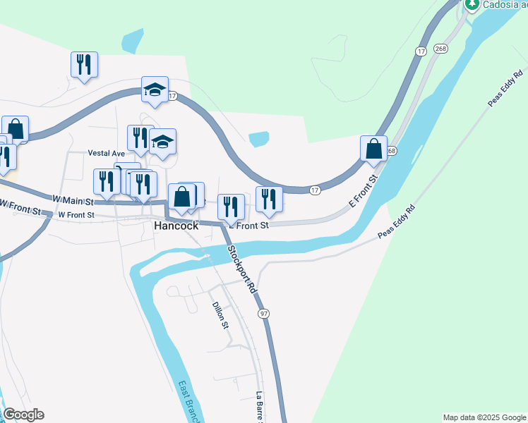 map of restaurants, bars, coffee shops, grocery stores, and more near 385 East Main Street in Hancock