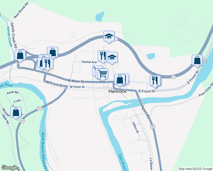 map of restaurants, bars, coffee shops, grocery stores, and more near 38 Wheeler Street in Hancock