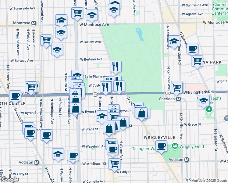 map of restaurants, bars, coffee shops, grocery stores, and more near 1401 West Cuyler Avenue in Chicago
