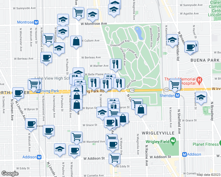map of restaurants, bars, coffee shops, grocery stores, and more near 1401 West Cuyler Avenue in Chicago