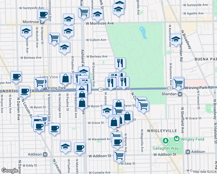 map of restaurants, bars, coffee shops, grocery stores, and more near 1443W West Cuyler Avenue in Chicago