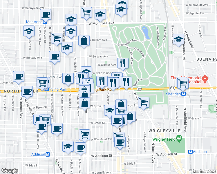 map of restaurants, bars, coffee shops, grocery stores, and more near 1443W West Cuyler Avenue in Chicago