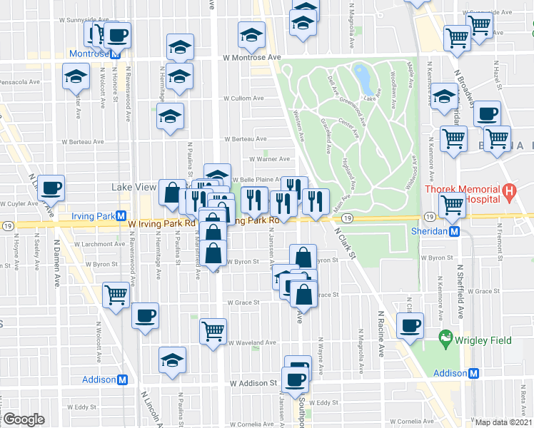 map of restaurants, bars, coffee shops, grocery stores, and more near 1443W West Cuyler Avenue in Chicago