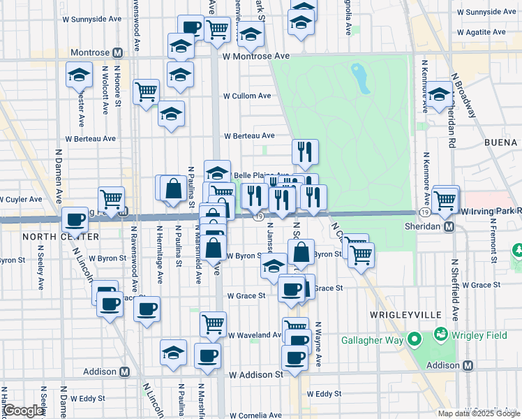 map of restaurants, bars, coffee shops, grocery stores, and more near 1443W West Cuyler Avenue in Chicago