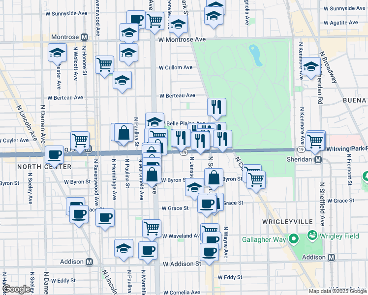 map of restaurants, bars, coffee shops, grocery stores, and more near 1443W West Cuyler Avenue in Chicago