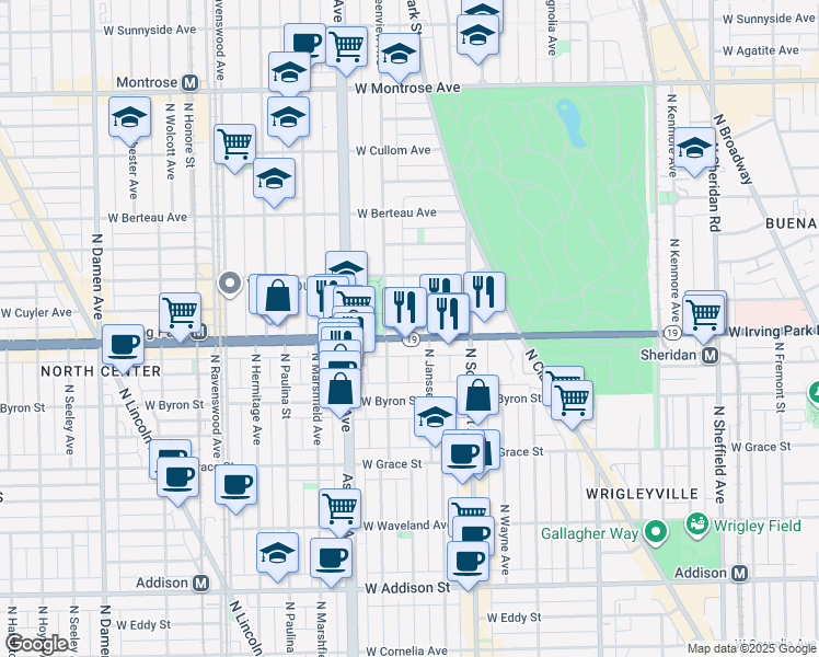 map of restaurants, bars, coffee shops, grocery stores, and more near 1443W West Cuyler Avenue in Chicago