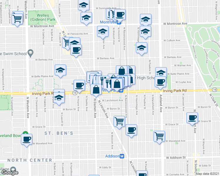 map of restaurants, bars, coffee shops, grocery stores, and more near 1844 West Irving Park Road in Chicago