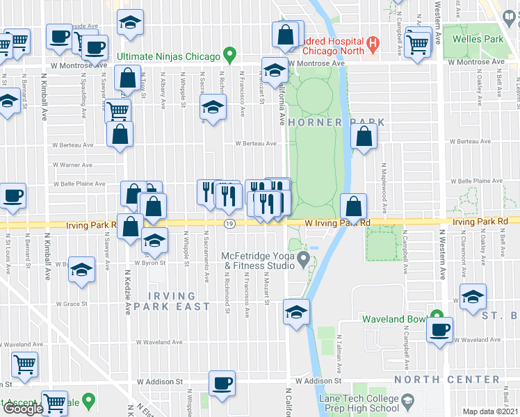 map of restaurants, bars, coffee shops, grocery stores, and more near 4031 North Francisco Avenue in Chicago