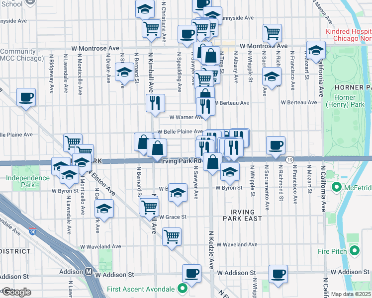 map of restaurants, bars, coffee shops, grocery stores, and more near 4034 North Sawyer Avenue in Chicago