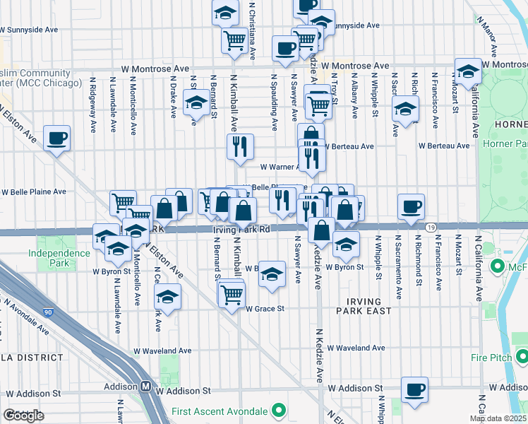 map of restaurants, bars, coffee shops, grocery stores, and more near 3308 West Cuyler Avenue in Chicago
