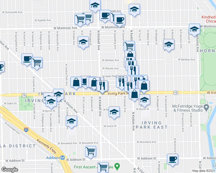 map of restaurants, bars, coffee shops, grocery stores, and more near 3308 West Cuyler Avenue in Chicago