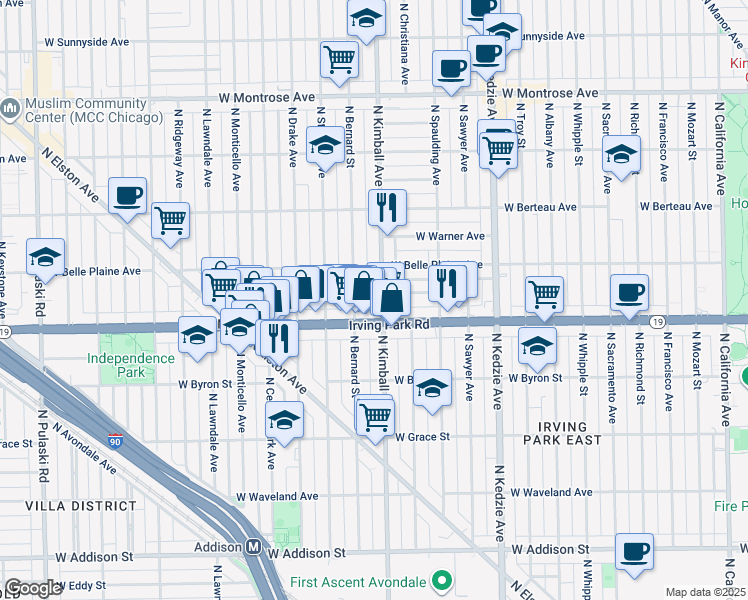 map of restaurants, bars, coffee shops, grocery stores, and more near 4035 North Bernard Street in Chicago
