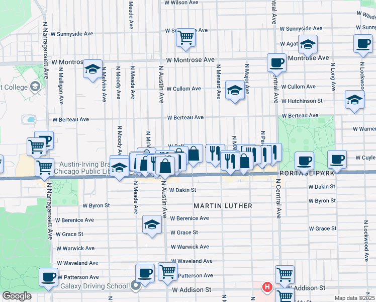 map of restaurants, bars, coffee shops, grocery stores, and more near 4101 North Marmora Avenue in Chicago