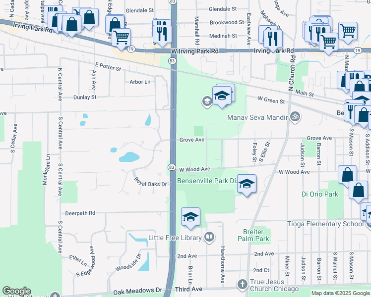 map of restaurants, bars, coffee shops, grocery stores, and more near 1182 Grove Avenue in Bensenville