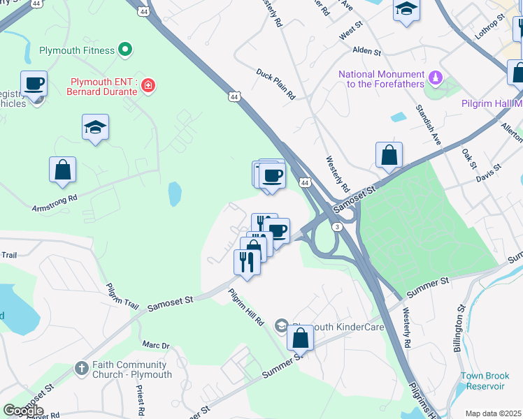 map of restaurants, bars, coffee shops, grocery stores, and more near 131 Samoset Street in Plymouth