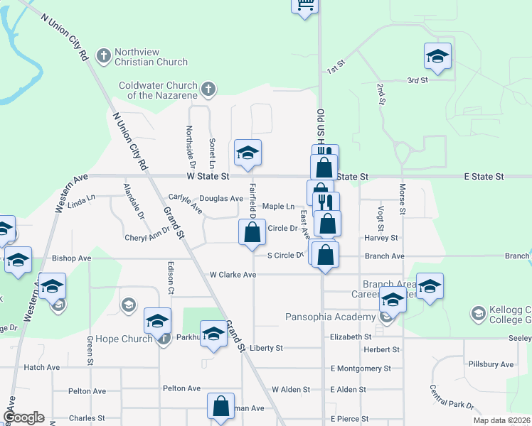 map of restaurants, bars, coffee shops, grocery stores, and more near 61 Maple Lane in Coldwater