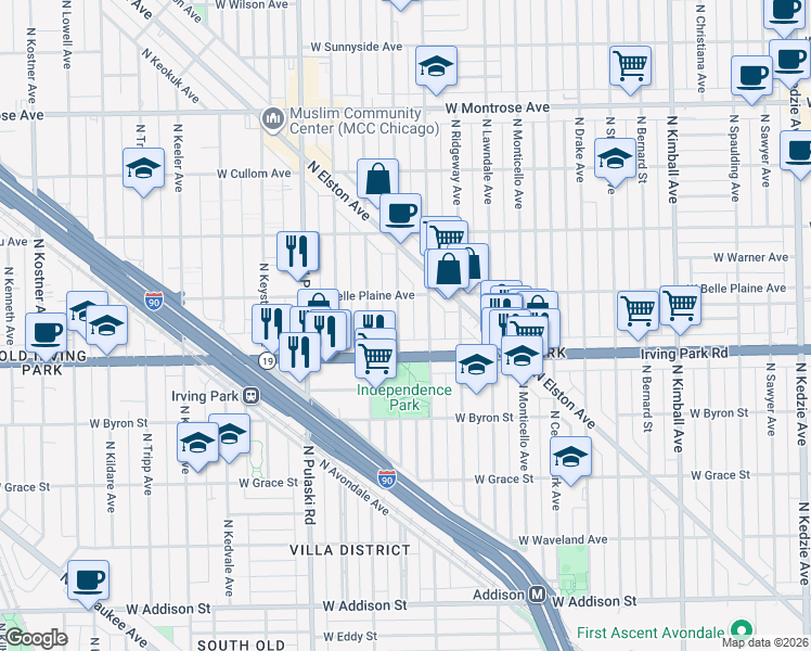 map of restaurants, bars, coffee shops, grocery stores, and more near 4027 North Avers Avenue in Chicago