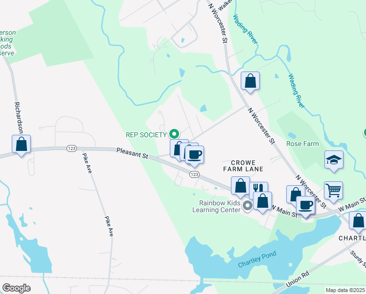 map of restaurants, bars, coffee shops, grocery stores, and more near 44 Pleasant Street in Norton