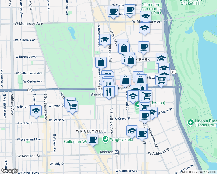 map of restaurants, bars, coffee shops, grocery stores, and more near 1002 West Irving Park Road in Chicago