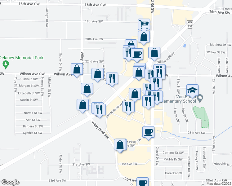 map of restaurants, bars, coffee shops, grocery stores, and more near 3998 Westdale Drive Southwest in Cedar Rapids