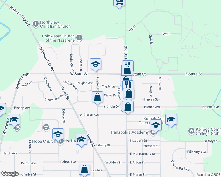 map of restaurants, bars, coffee shops, grocery stores, and more near 61 Maple Lane in Coldwater
