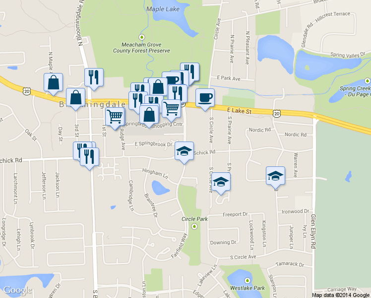 map of restaurants, bars, coffee shops, grocery stores, and more near 129 Fairfield Way in Bloomingdale