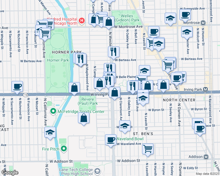 map of restaurants, bars, coffee shops, grocery stores, and more near 4032 North Western Avenue in Chicago