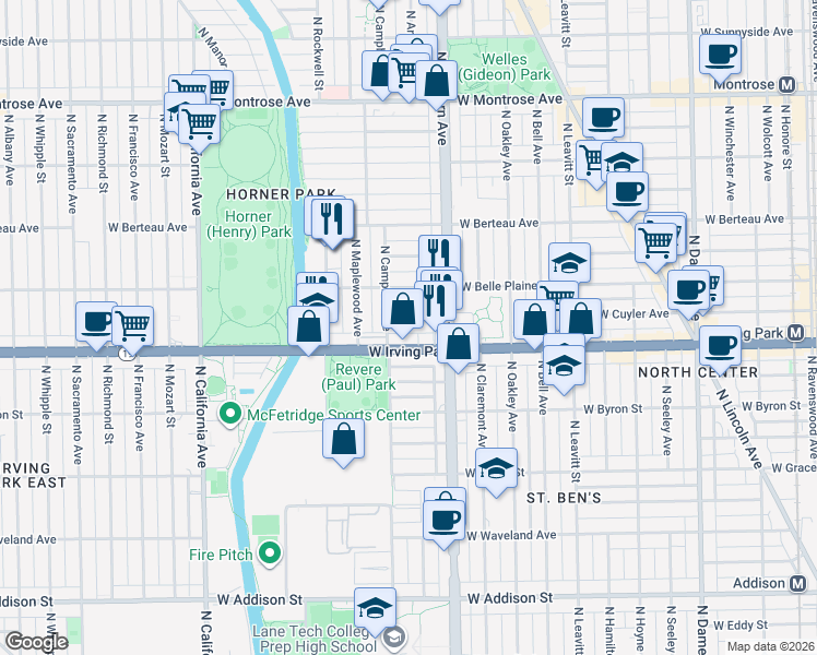 map of restaurants, bars, coffee shops, grocery stores, and more near 2436 West Cuyler Avenue in Chicago
