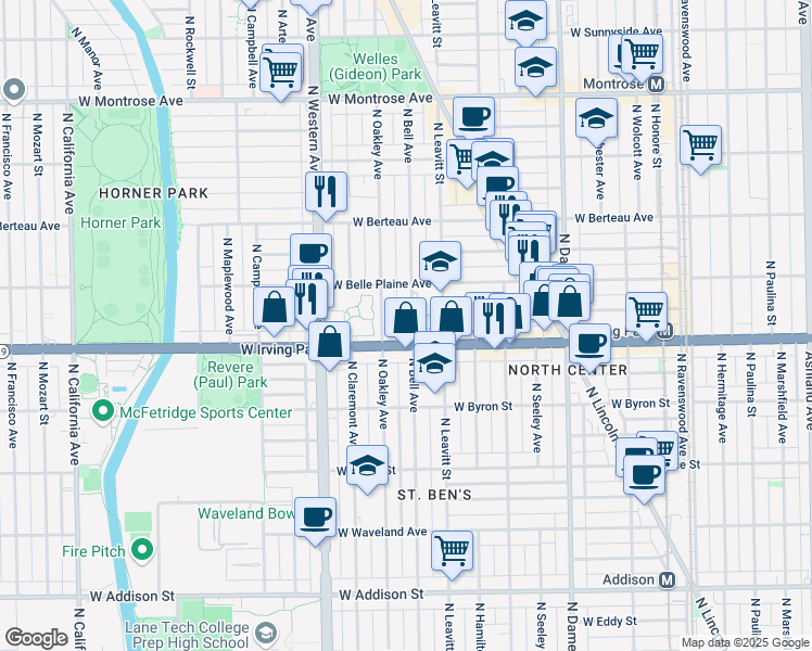 map of restaurants, bars, coffee shops, grocery stores, and more near 4016 North Bell Avenue in Chicago