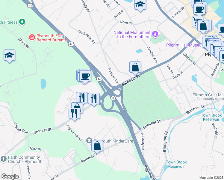 map of restaurants, bars, coffee shops, grocery stores, and more near 131 Samoset Street in Plymouth