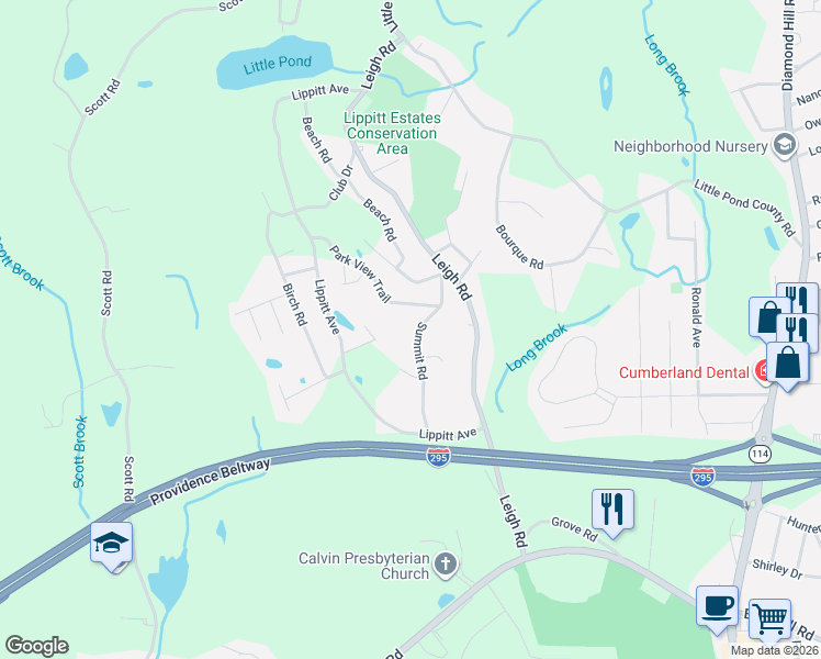map of restaurants, bars, coffee shops, grocery stores, and more near 46 Summit Rd in Cumberland