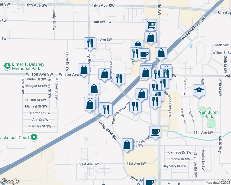 map of restaurants, bars, coffee shops, grocery stores, and more near 2450 Westdale Drive Southwest in Cedar Rapids