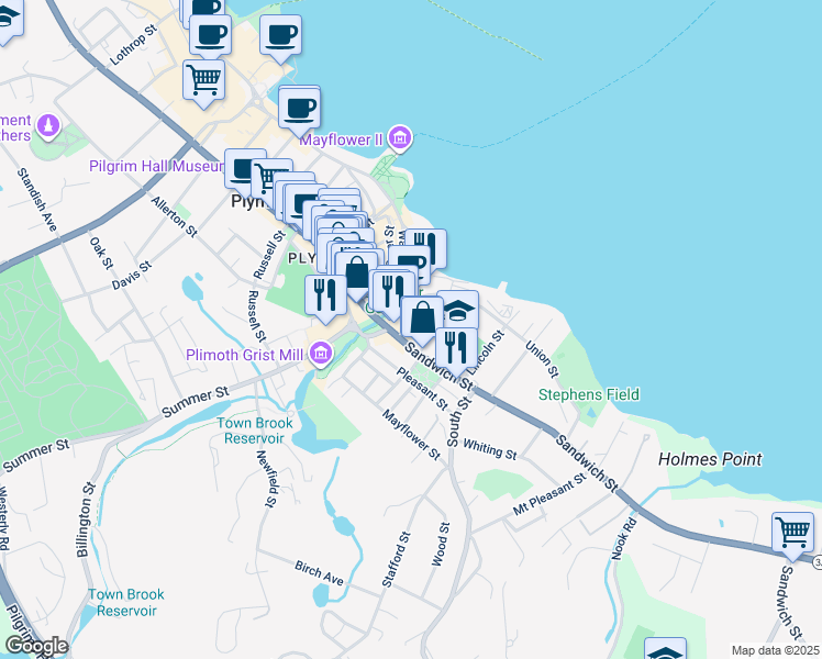 map of restaurants, bars, coffee shops, grocery stores, and more near 10 Water Street in Plymouth