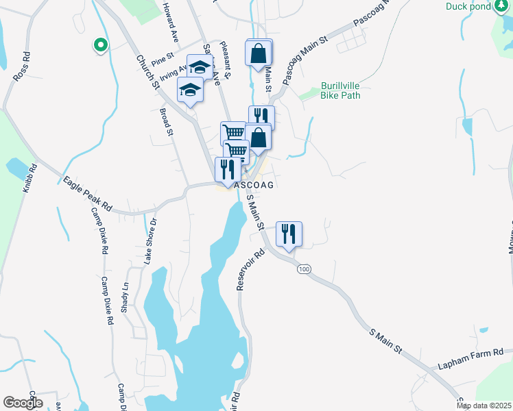map of restaurants, bars, coffee shops, grocery stores, and more near 26 South Main Street in Burrillville