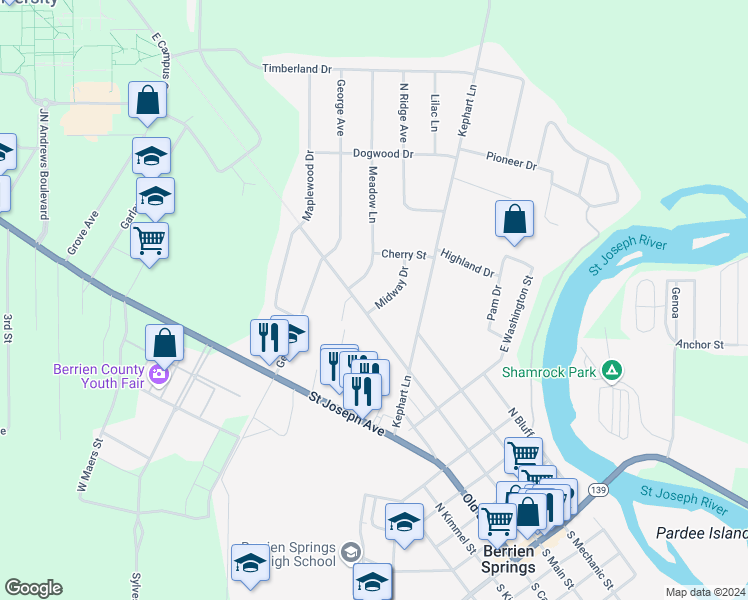 map of restaurants, bars, coffee shops, grocery stores, and more near 9062 Midway Drive in Berrien Springs