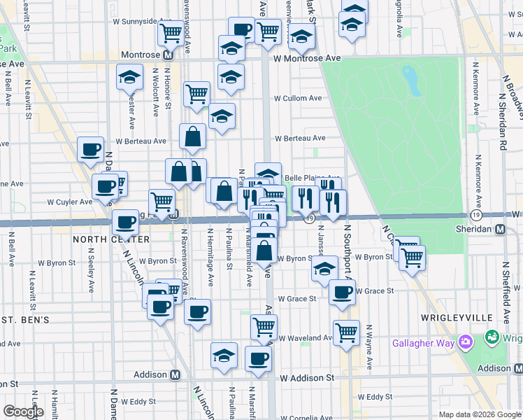 map of restaurants, bars, coffee shops, grocery stores, and more near 4020 North Ashland Avenue in Chicago