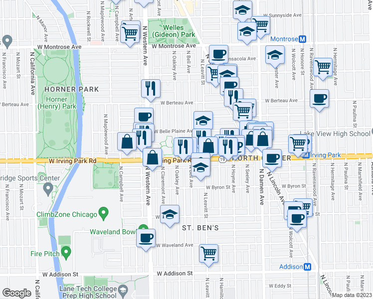 map of restaurants, bars, coffee shops, grocery stores, and more near 4027 North Oakley Avenue in Chicago
