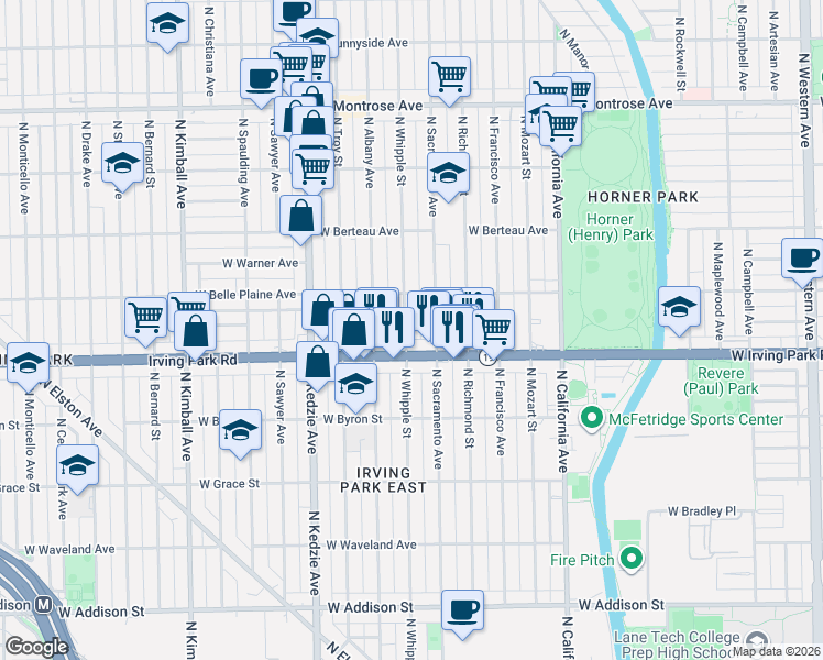 map of restaurants, bars, coffee shops, grocery stores, and more near 4034 North Sacramento Avenue in Chicago