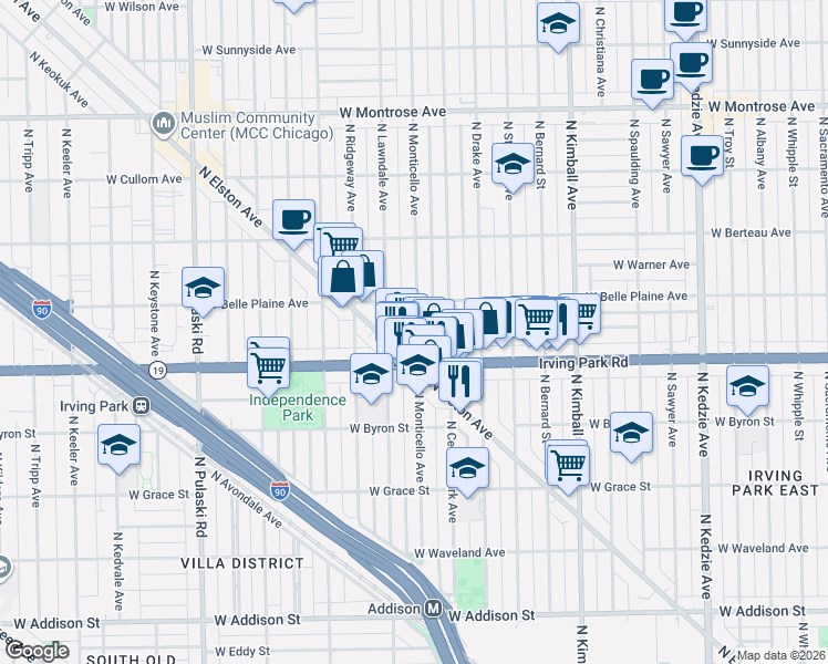 map of restaurants, bars, coffee shops, grocery stores, and more near 4039 North Monticello Avenue in Chicago