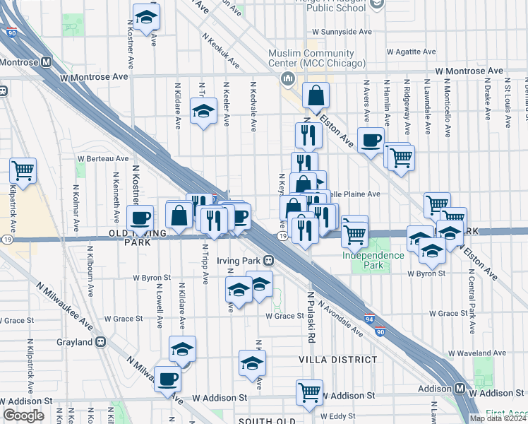 map of restaurants, bars, coffee shops, grocery stores, and more near 4045 North Kedvale Avenue in Chicago