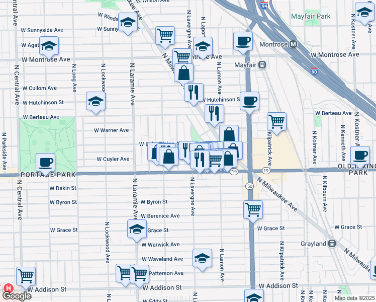 map of restaurants, bars, coffee shops, grocery stores, and more near 4053 North Lawler Avenue in Chicago