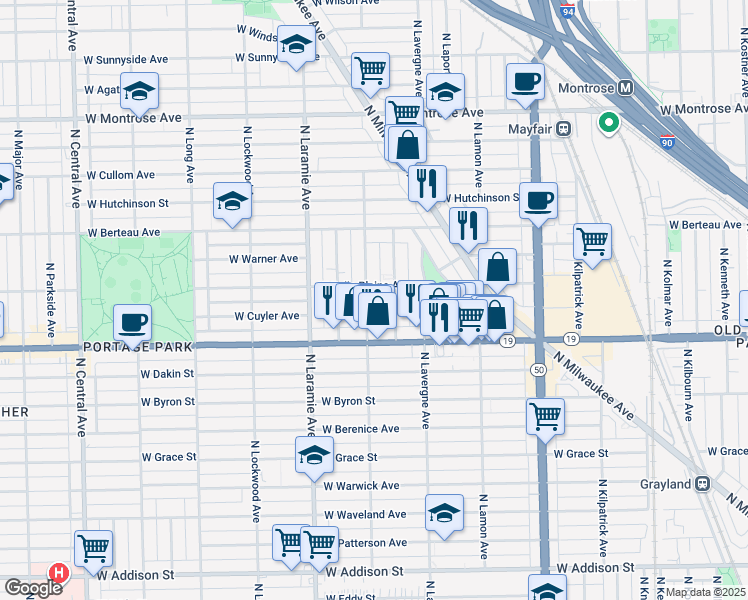 map of restaurants, bars, coffee shops, grocery stores, and more near 5051 West Belle Plaine Avenue in Chicago
